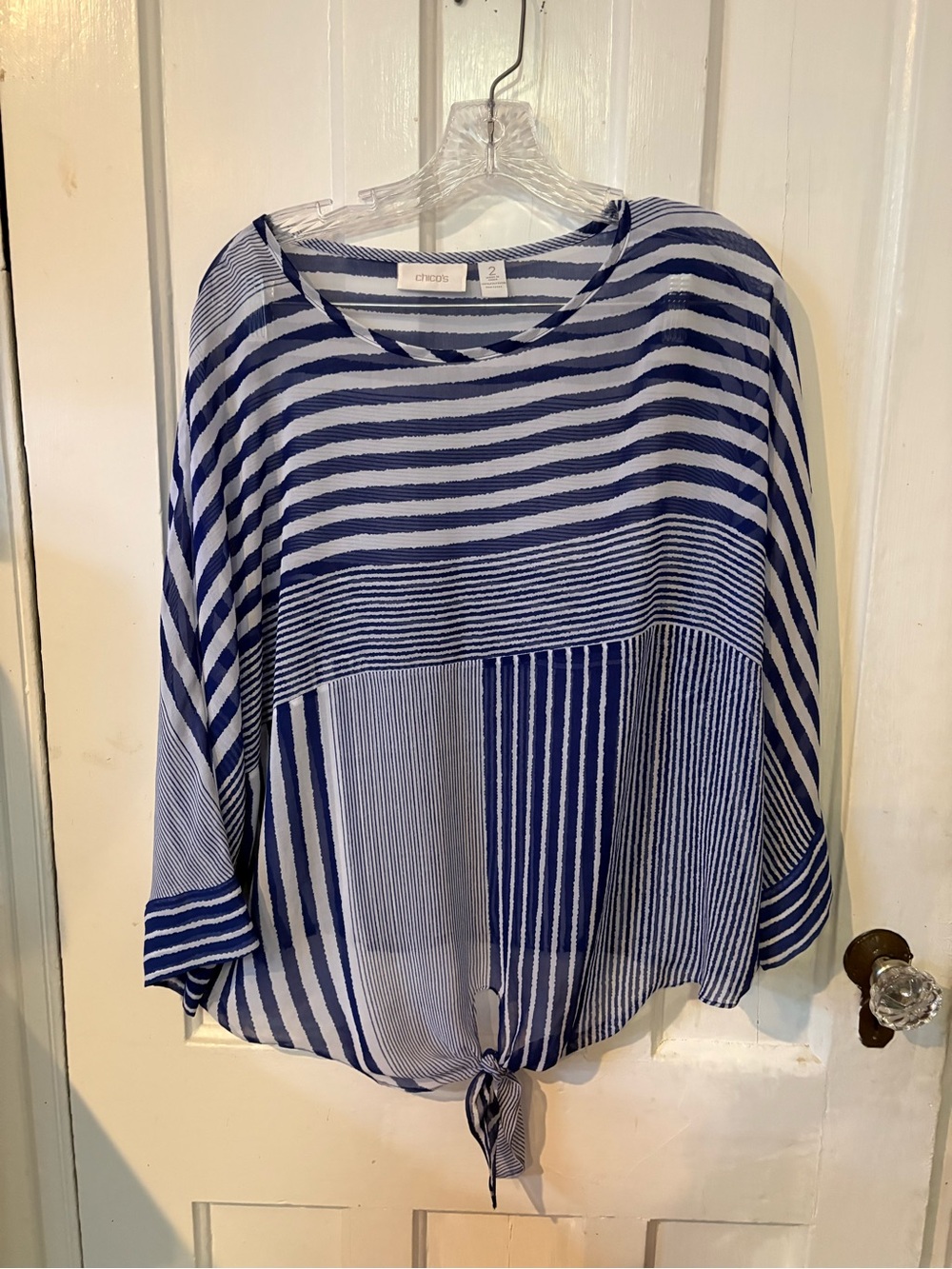 Chico's Navy & White Striped Tie-Front Blouse